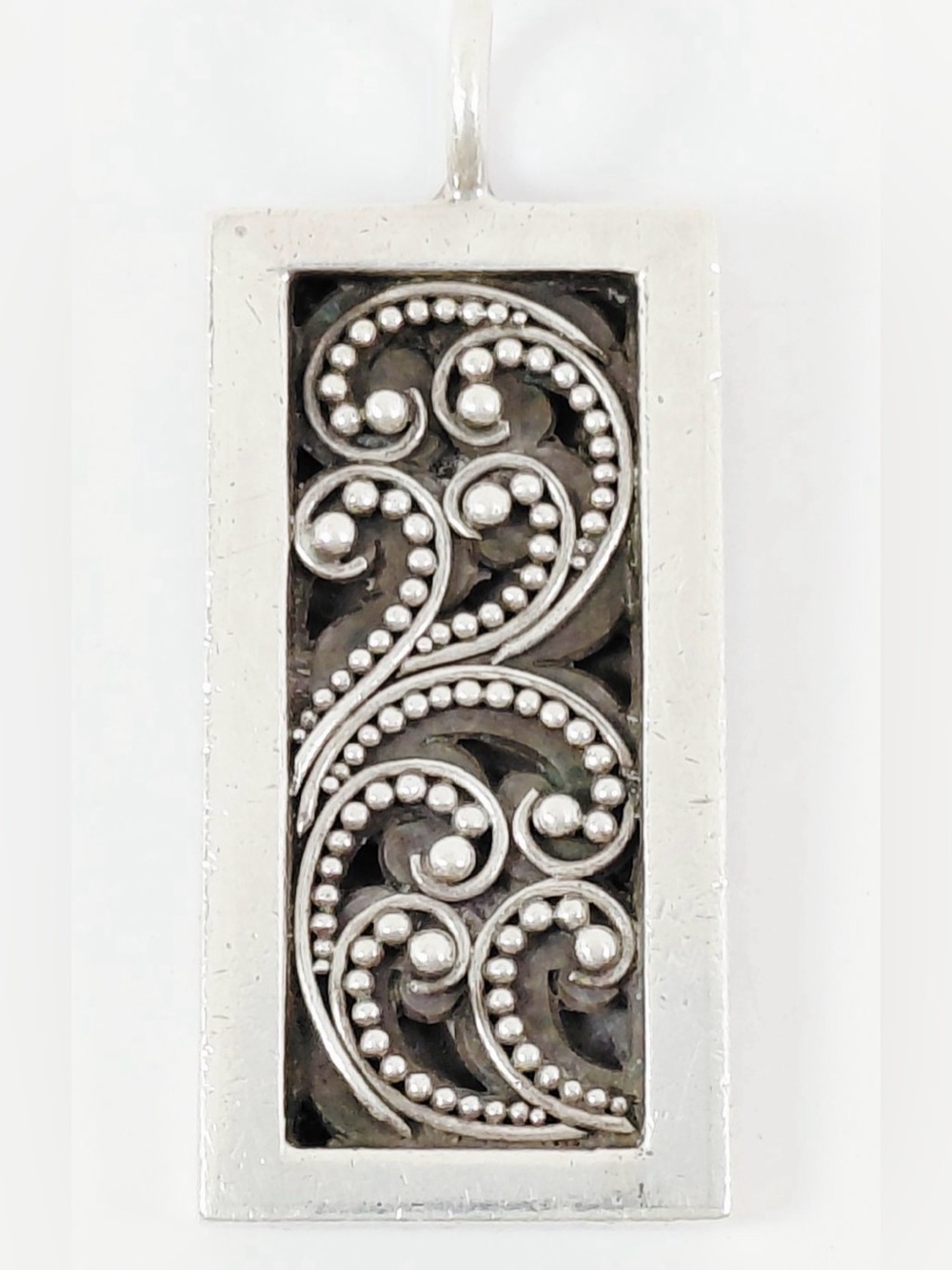 Lois Hill 925 Silver Granulated Scrollwork Rectangular Pendant